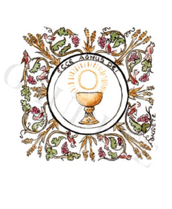 ecce agnus dei image de première communion motifs floraux eucharistie centrée au dessus du calice avec le blé du pain de vie et la vigne du Seigneur