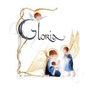 carte de noel carrée Gloria avec des petits anges entourant l'enfant Jésus