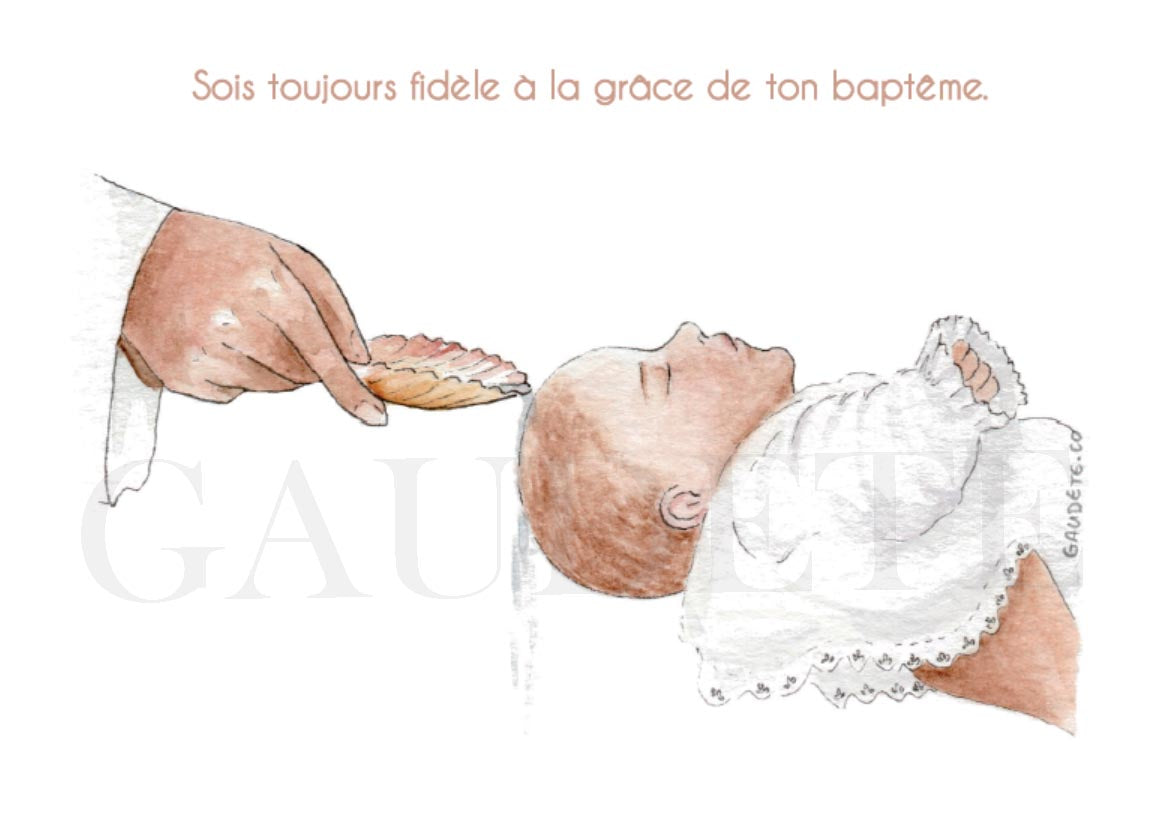 carte de baptême image pour un baptême d'enfant coquille qui verse l'eau de baptême sur le font de l'enfant