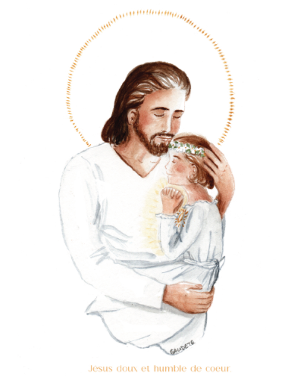 image pieuse de première communion. petite fille sur le coeur de Jésus